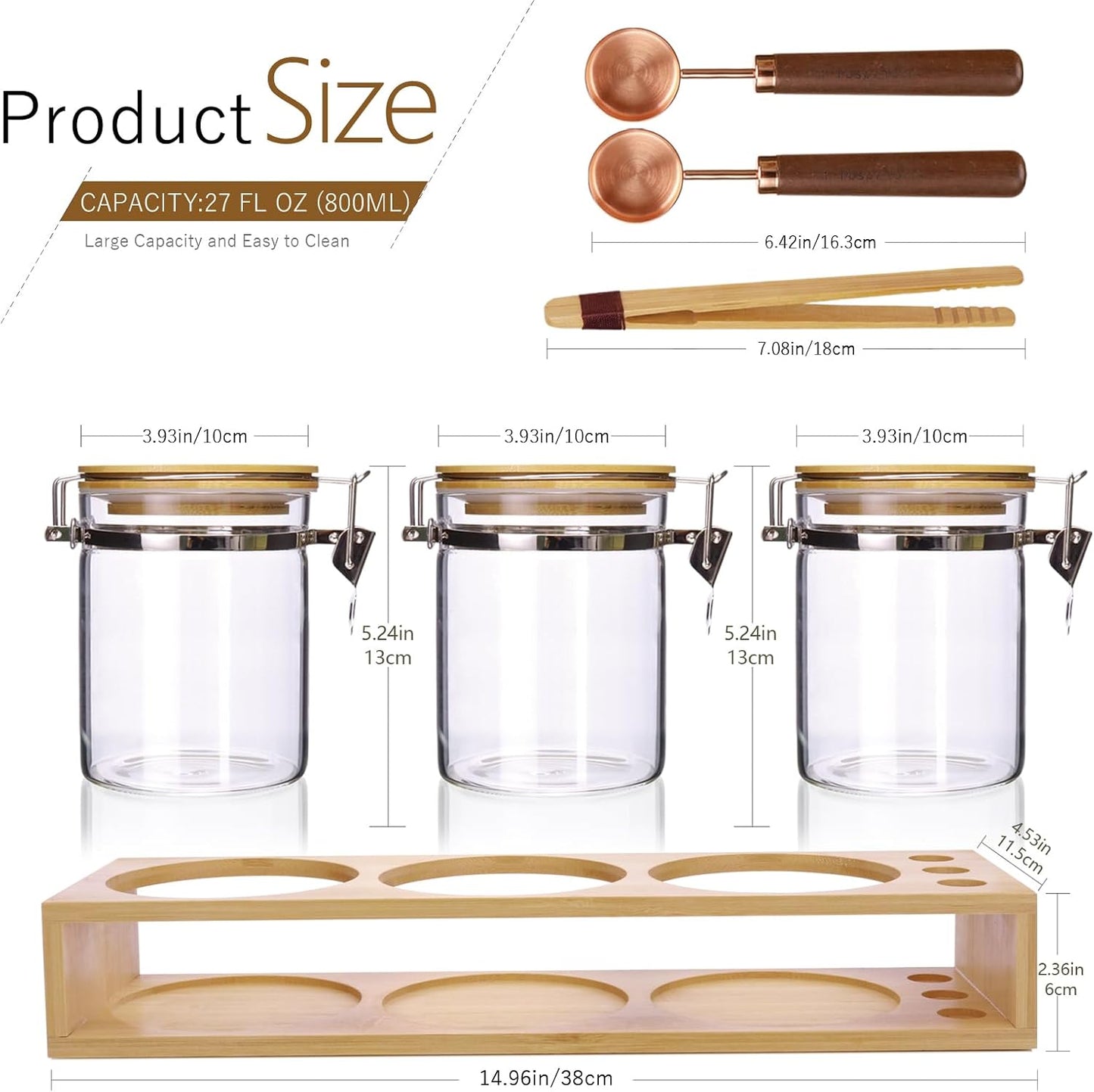 Glass Coffee Sugar Storage Jars with Bamboo Shelf and Spoon for Kitchen Counter,Sealed Glass Containers for Loose Leaf Tea,Coffee Bean,Ground Coffee,Brown Sugar,27 Fluid-oz