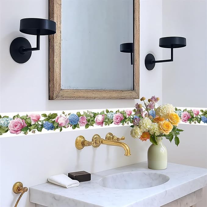 Floral Wallpaper Border 196x4 Inch Peel and Stick Wall Border Pink Blue Rose - Image 5