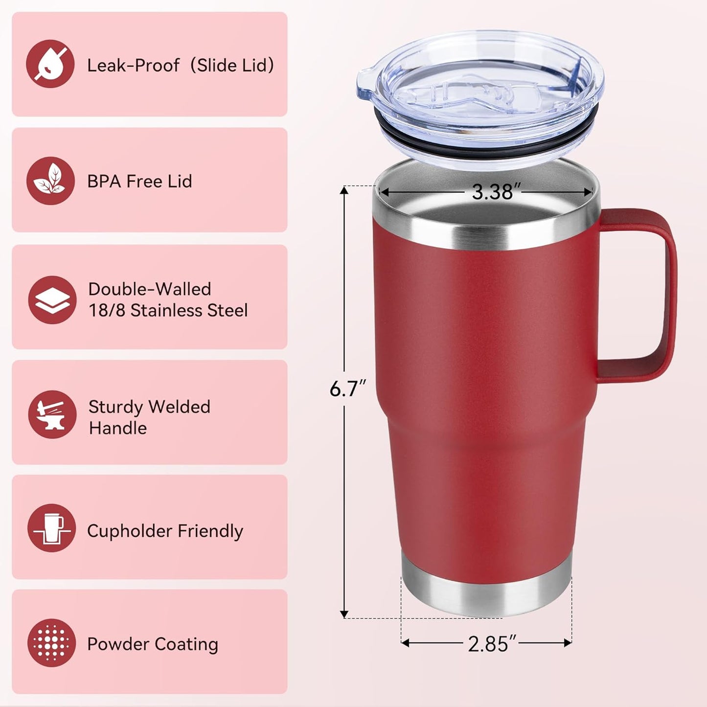 HASLE OUTFITTERS 20oz Tumbler Bulk with Lid, Stainless Steel Tumbler Bulk with Handle, Metal Insulated Travel Coffee Mug Set with Handle, Double Wall Vacuum Leak Proof Tumbler Cup, Red 12 Pack