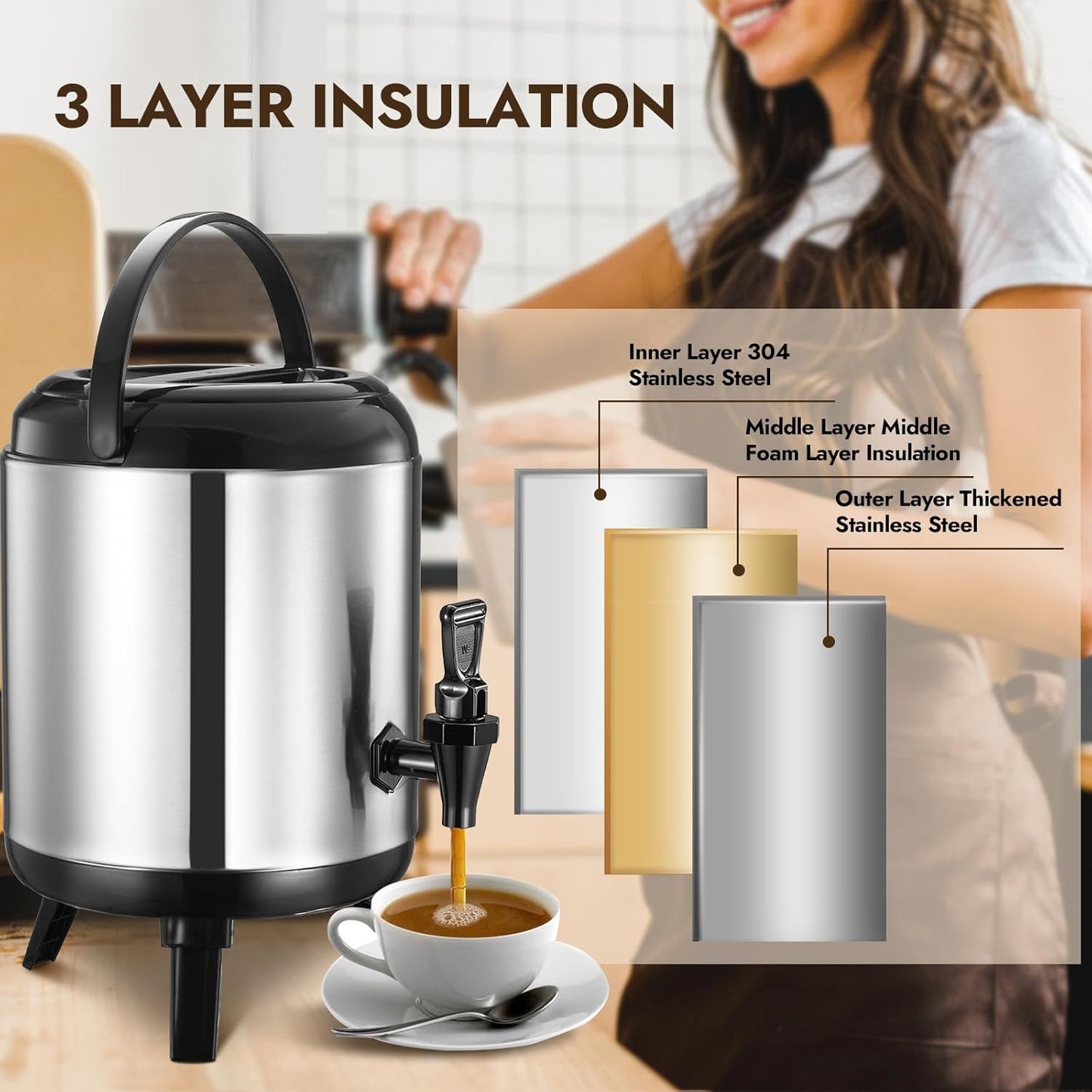 Insulated Beverage Dispenser, Thermal Hot Beverage Dispenser, Stainless Steel Hot Beverage Dispense, Hot Coffee Dispenser with Spigot for Coffee Hot tea,Cold Milk,Water,Juice 6L (Non-electric)