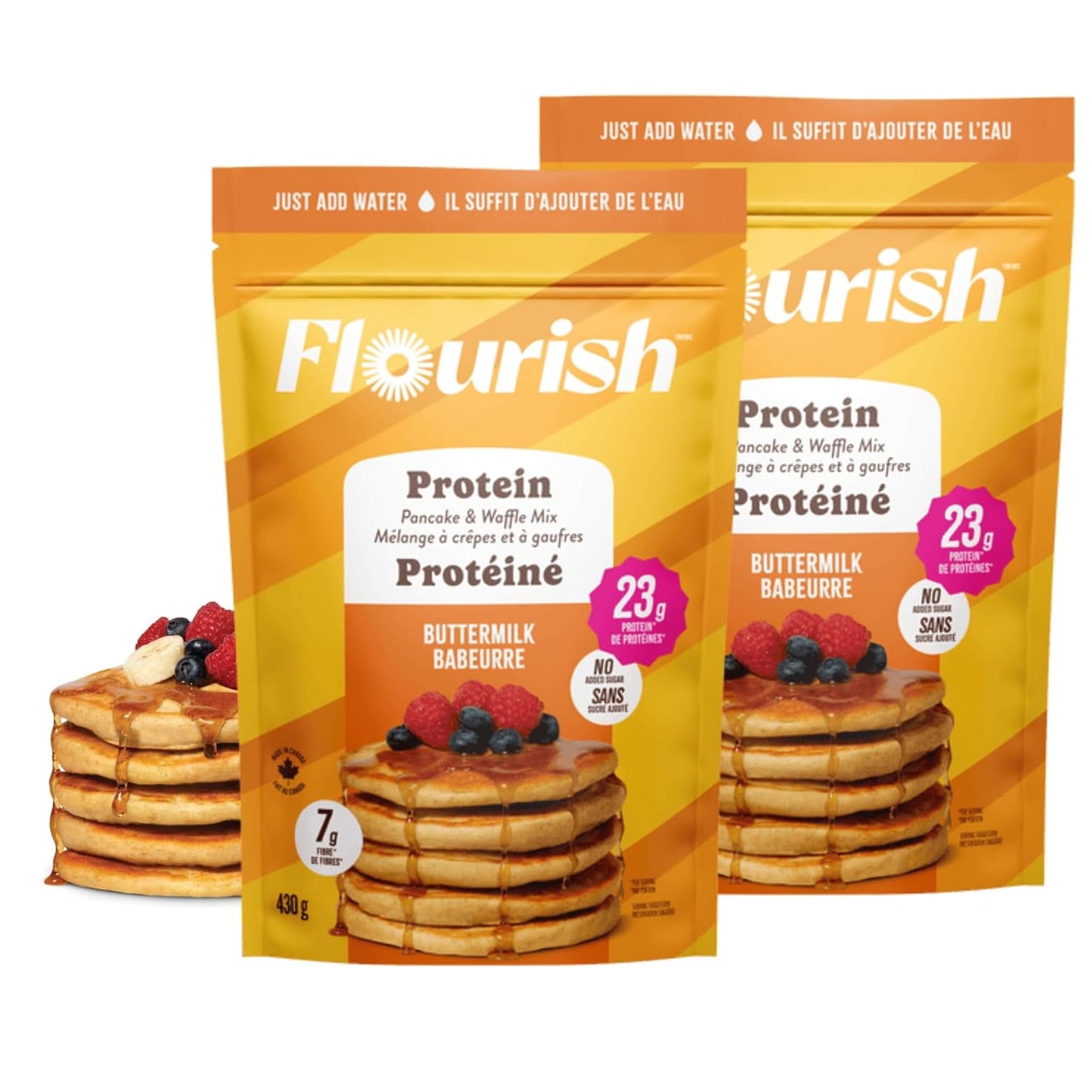 Flourish Protein Pancake & Waffle Mix, with Whey Protein & Flax Seed, No Added Sugar, High in Protein & Fiber - Just Add Water - Buttermilk Flavour, 430 g (2 Pack) - Made in Canada