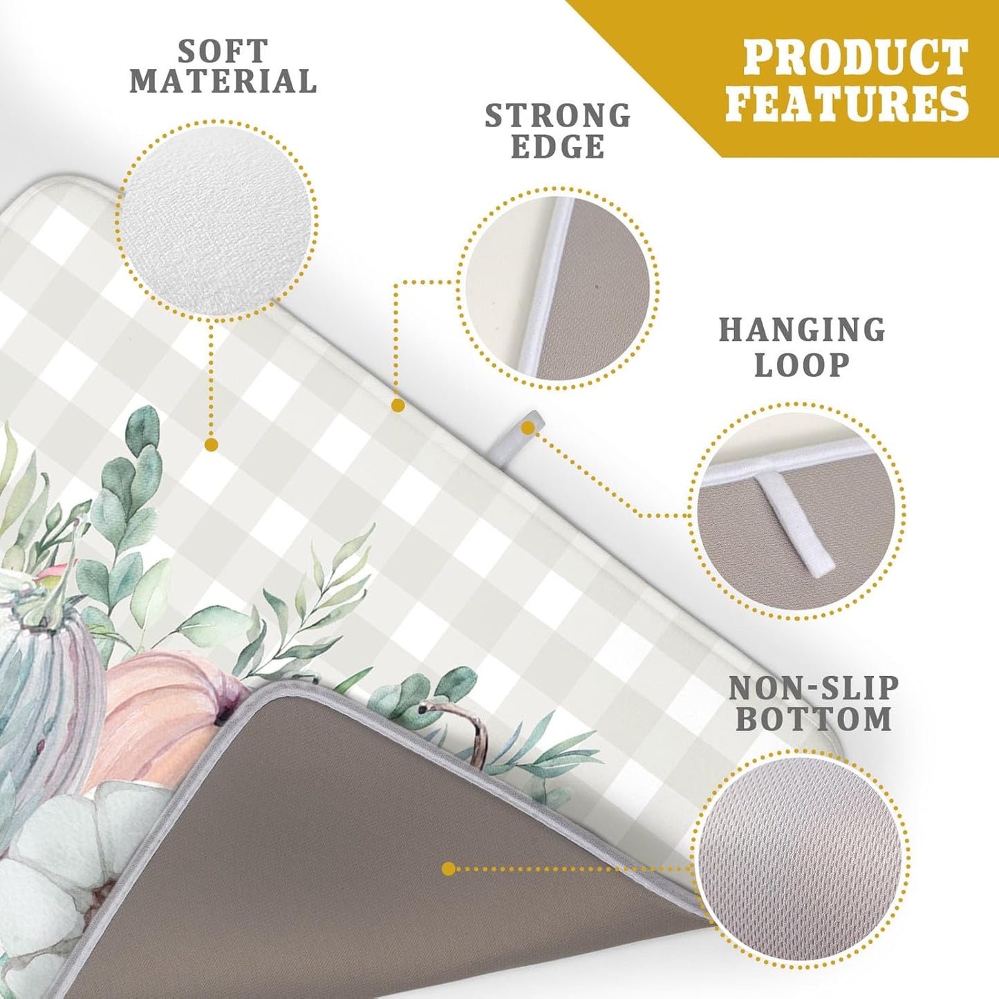 Fall Colorful Pumpkin Dish Drying Mat for Kitchen Counter,Green Leaves Drying Mat with Hanging Loop 18 x 24 Inch Microfiber Grey White Check Plaids Dish Drying Pad Dish Rack Drainer Mat for Coffee Bar