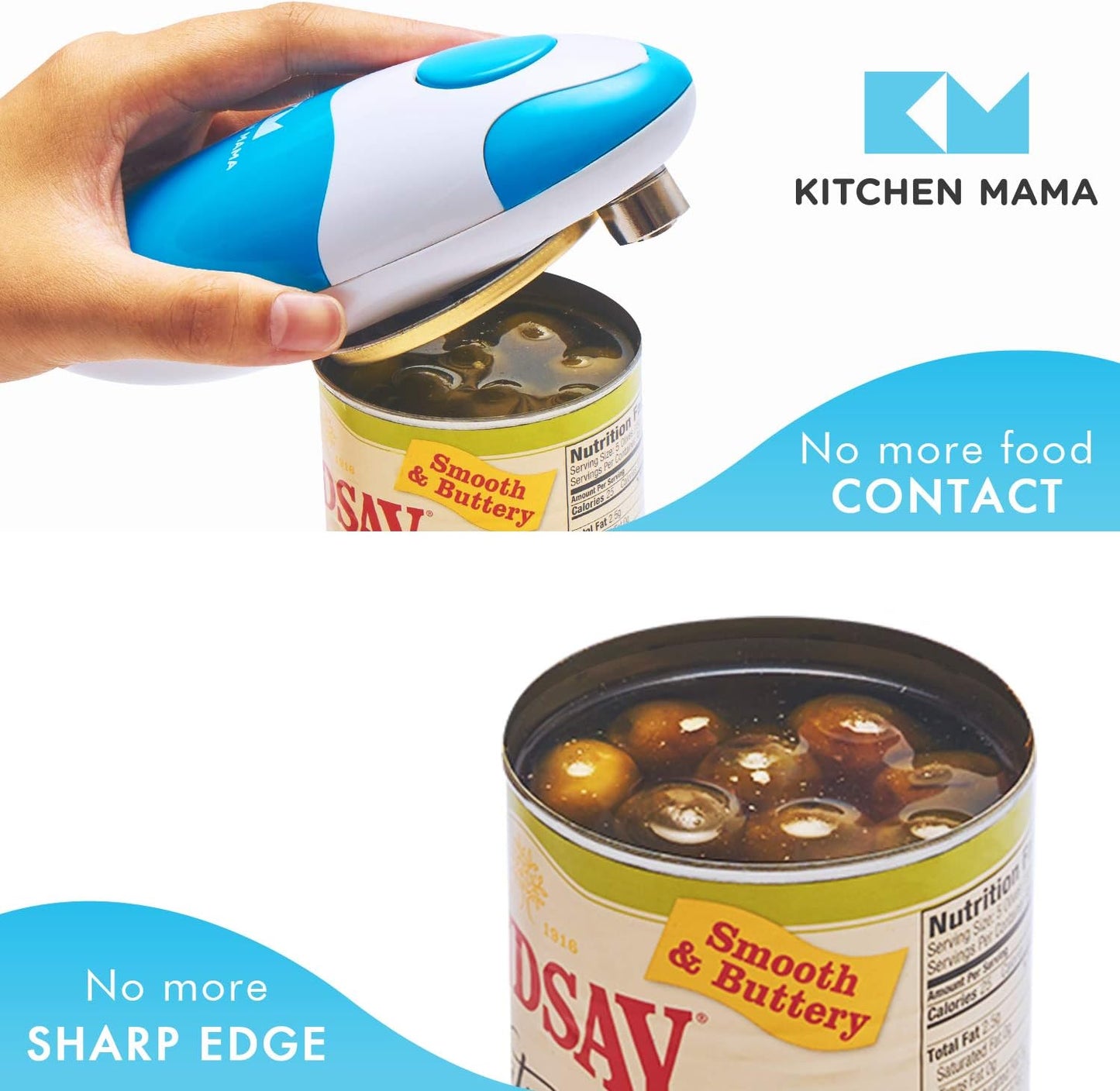 Kitchen Mama Auto Electric Can Opener: Safe, Easy with One Touch, Smooth Edge, Battery Operated, Cordless, Automatic Can Opener for Seniors with Arthritis, Hand Free Appliances, YES YOU CAN (Sky Blue)