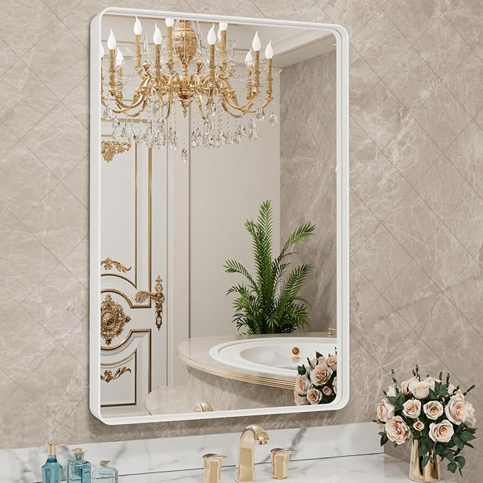 LOAAO 24x32 Inch White Metal Framed Bathroom Mirror by LOAAO