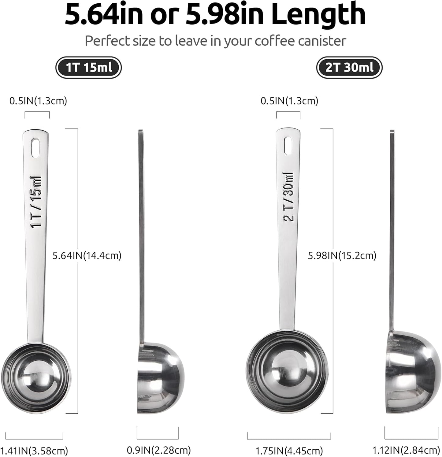 U-Taste Coffee Scoop 2 Tablespoon: 18/8 Stainless Steel Measuring Scooper for Ground Coffee, Bean, Powder, Espresso, 4.3in Long Handle Metal Measure Spoon for Canister, Jar (1Tbsp+2Tbsp / 15ml+30ml)