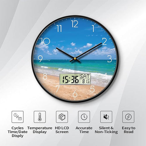 12" Silent Non-Ticking Modern Coastal Beach Wall Clock, Battery Operated Analog - Image 2