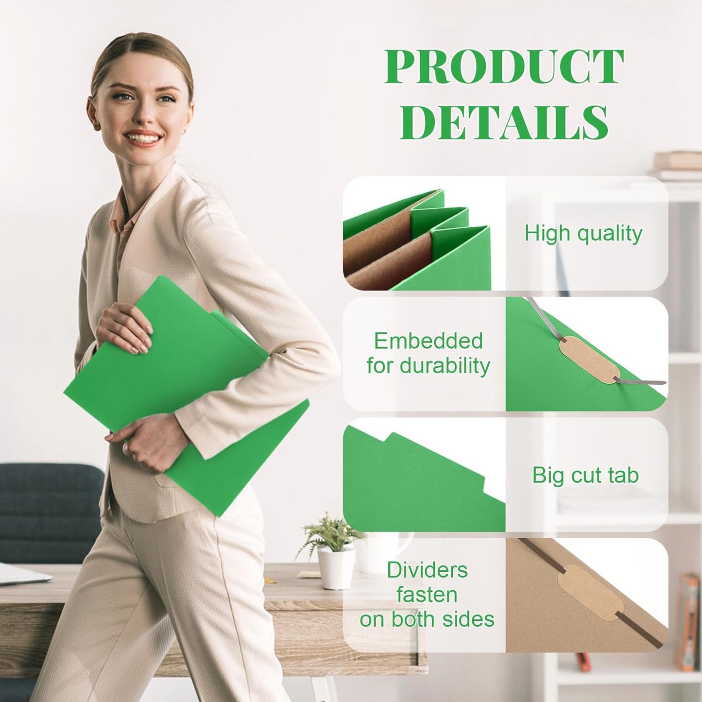 12 Pcs Classification Folders Letter Size, Back to School Supply for Teacher, Student, 2 Pocket Dividers Pressboard File Folder Bulk with 2 Fasteners, 2 in Expanding File Organizer (Green)