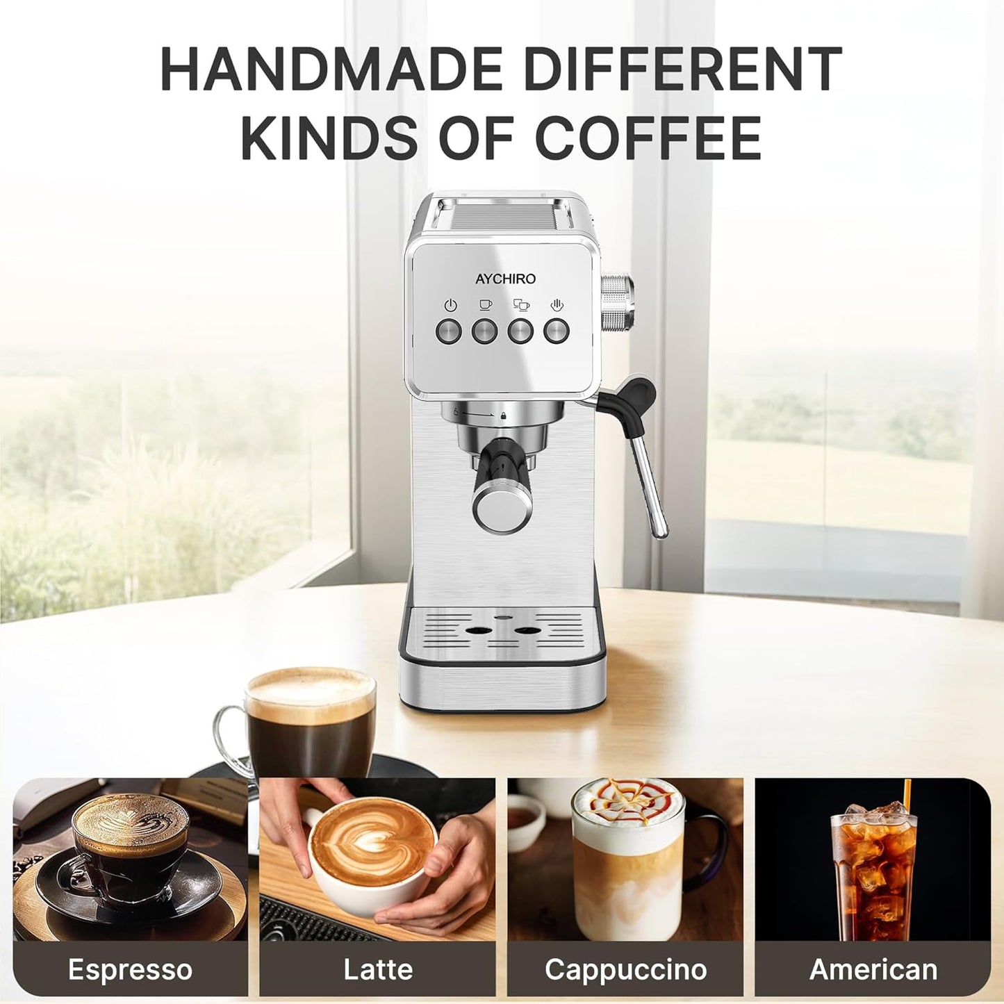 Espresso Machine with Steam Milk Frother,20 Bar Stainless Steel Coffee Maker for Latte & Cappuccino,Detachable Water Tank/Drip Tray, Hot Water Function for Home & Office Use