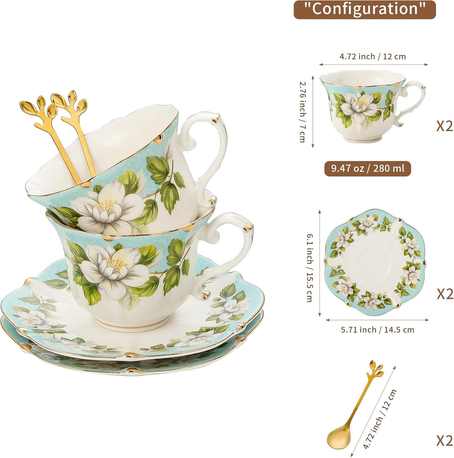 TATSUMI Country Roses Bone China Tea Cup and Saucer Set, 6 Pieces, Vintage Style, For Women and Tea Parties(Light Green, 2 sets)