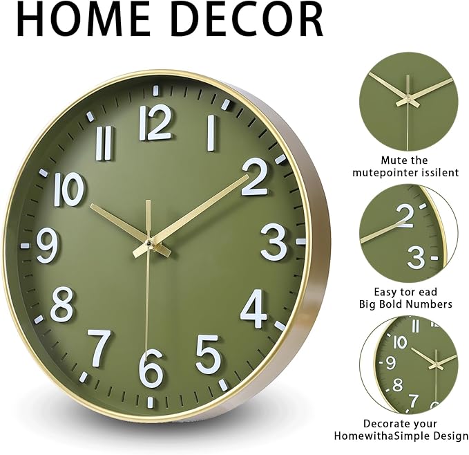 HZDHCLH Wall Clocks Battery Operated, Wall Clock Green Gold, 12 inch Wall Clock - Image 2