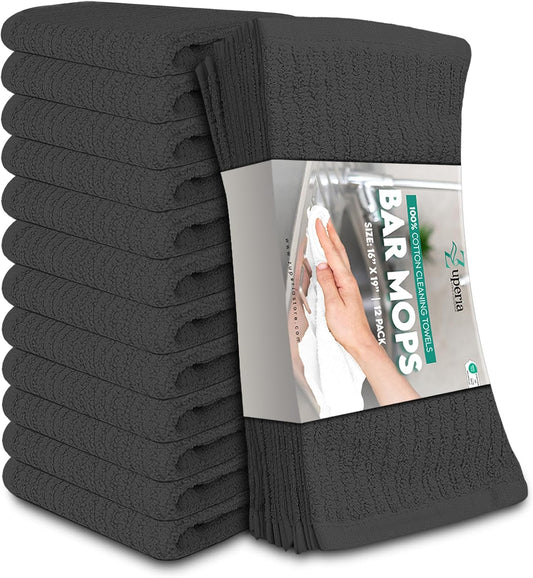 ZUPERIA Bar Mop Kitchen Towels - Pack of 12 (16" x19”) 100% Ring Spun Cotton - Dish Washcloths for Superb Cleaning and Less Lint - Highly Absorbent Dish Cloths and Dish Towels for Everyday use (Grey)