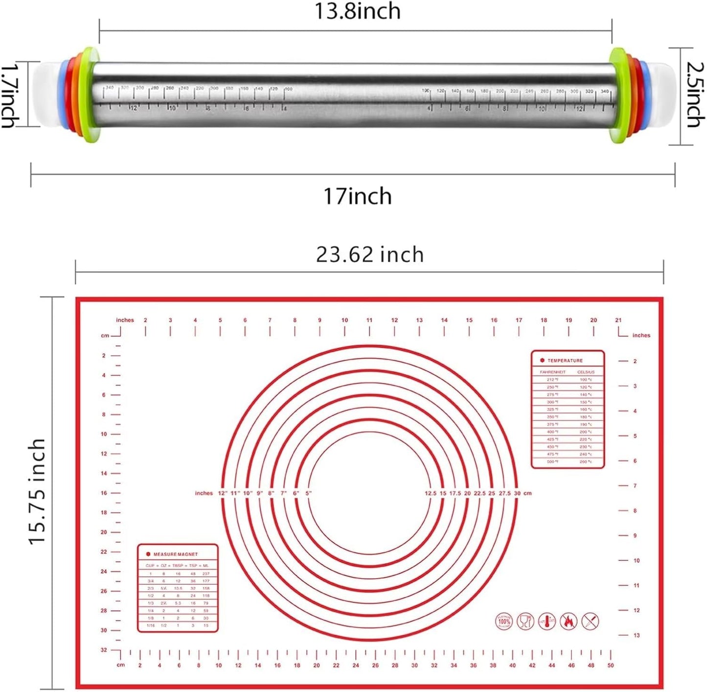 Stainless Steel Rolling Pin and Silicone Mat Set, Adjustable Thickness Rings - For Baking Dough, Pizza, Pies, Pastries, Pasta, Cookies