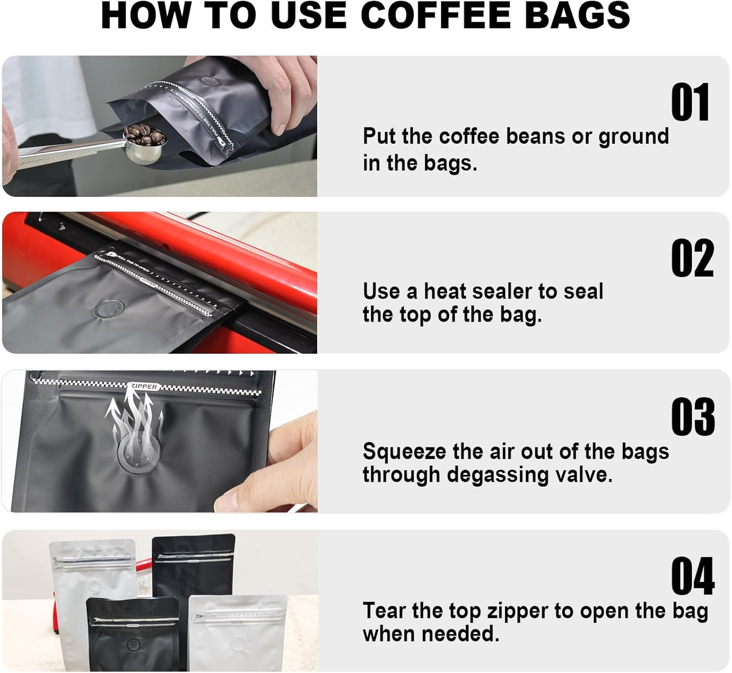 Coffee Bags with Valve(60pcs,16 oz,1 lb) Vented Coffee Beans Packaging Bags High Barrier Aluminumed Foil Flat Bottom Heat Sealed Side Zipper Resealable Storage Bag for Home or Business（White+Gray）