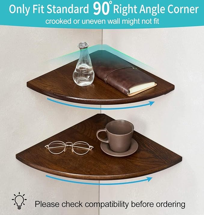 Corner Shelf, 16inch Walnut Solid Wood Floating Corner Shelves Wall Mount Round - Image 3