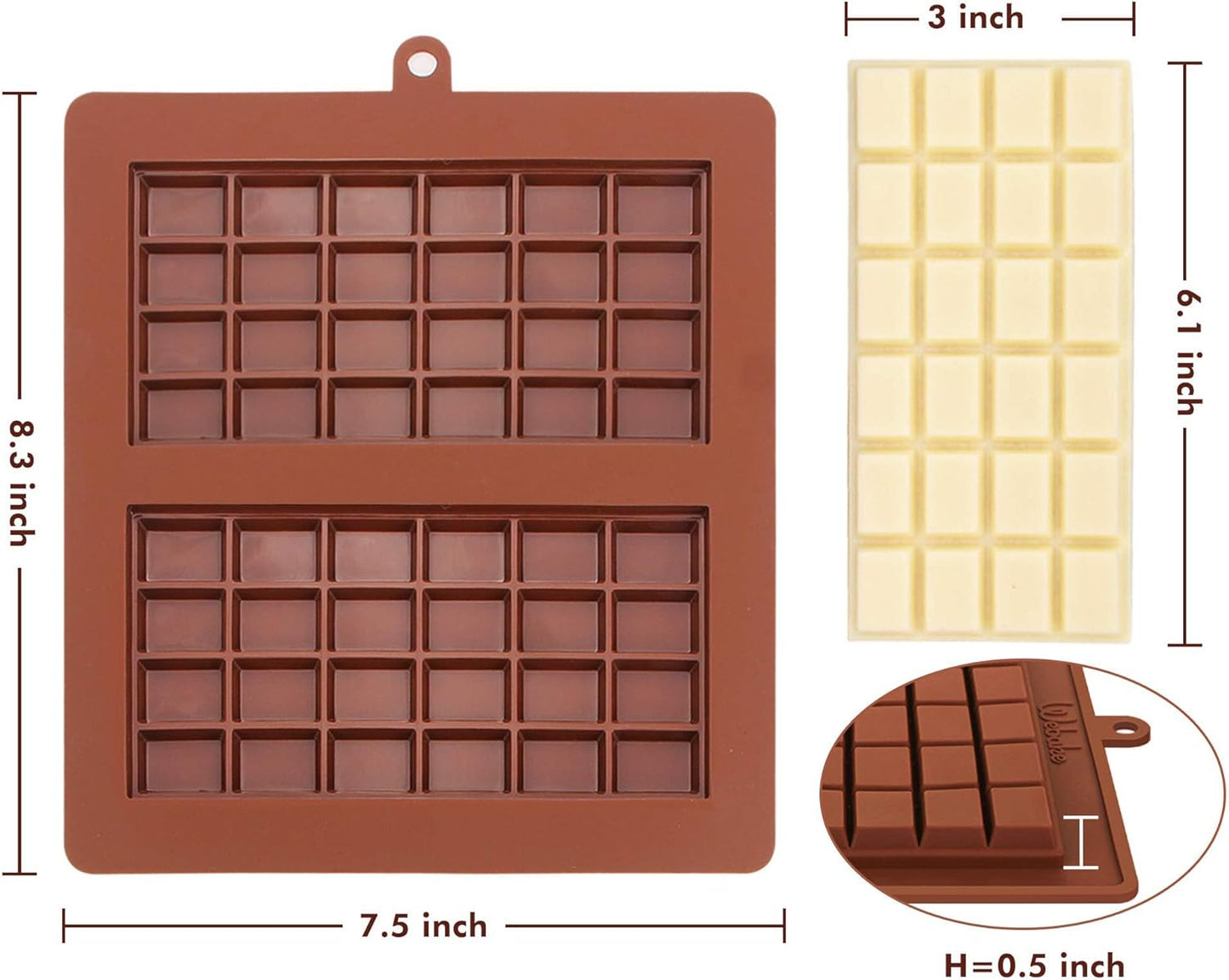 Webake Chocolate Bar Mold Silicone Break-Apart Candy Bar Molds 2 Pack for 4 Ounce Chocolate Chunk Protein Energy Bar Jumbo Chocolate Candy Bar, Easy Release Candy Molds Baking Pan