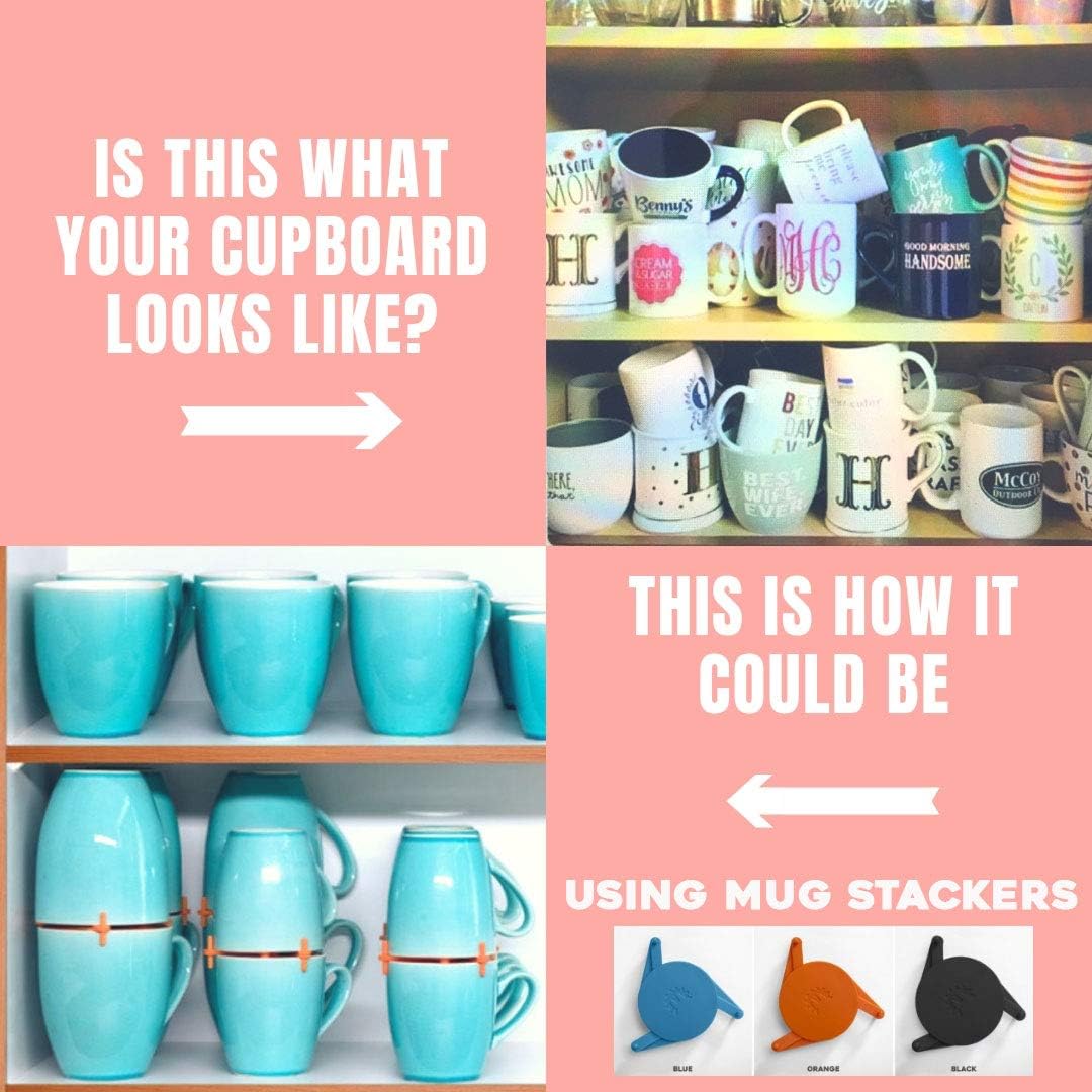 ELYPRO Mug Stacker 6-Pack – Coffee Bar Cup Holder & Cabinet Mug Organizer | Adjustable Stackable Mug Rack for Mugs & Glasses – Compact No Drilling Storage for Small Kitchens – Blue