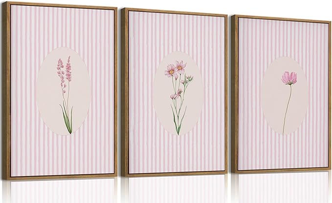 KISSFOX 3 Piece Framed Wall Art Botanical Wall Decor Pink Floral Pictures by KISSFOX