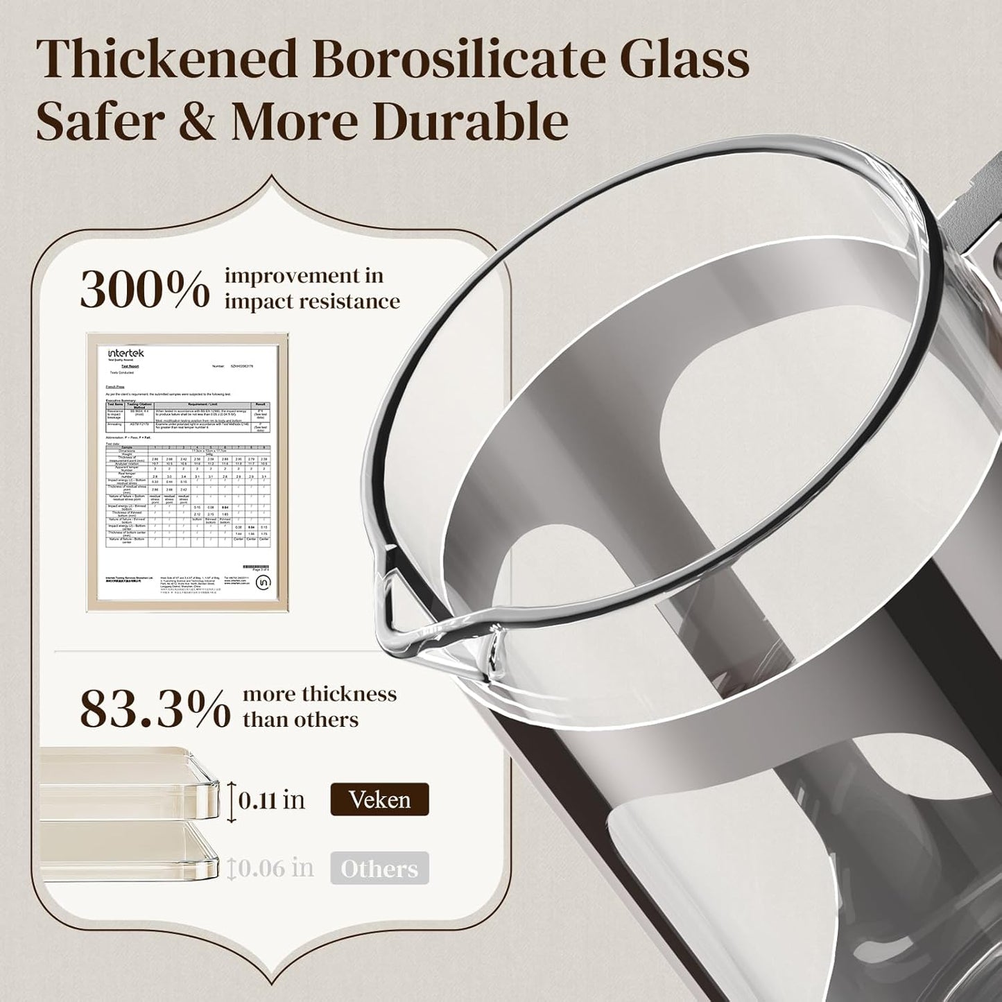 Veken French Press Coffee Maker 34oz 1 L, No Plastic Touching Cafe, Heat Resistant Thickened Borosilicate Glass, Stainless Steel Brewer,Cold Brew Cafetera Teapot for Kitchen Travel Camping,Dark Pewter