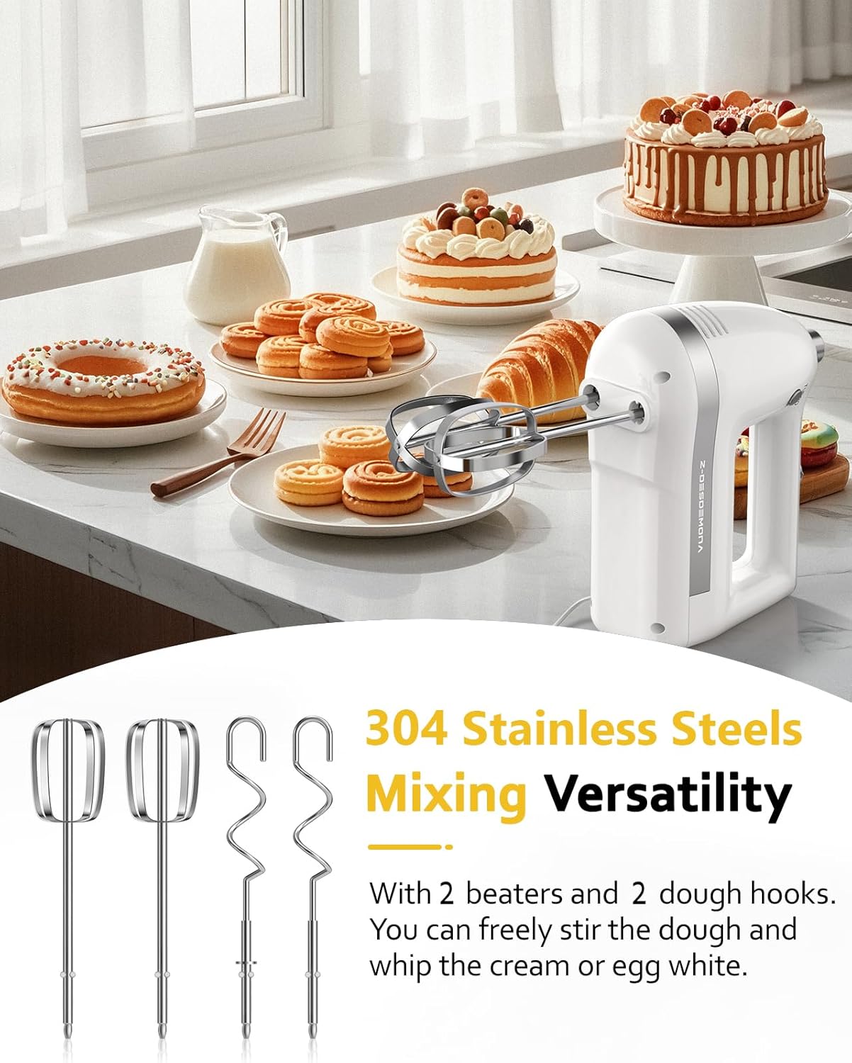 Electric Hand Mixer, Powerful 300W Hand Mixer Electric Handheld with 304 Beaters, Dough Hook,Hand Held Mixer with Turbo for Baking Cakes, Eggs, Cream Food(White)