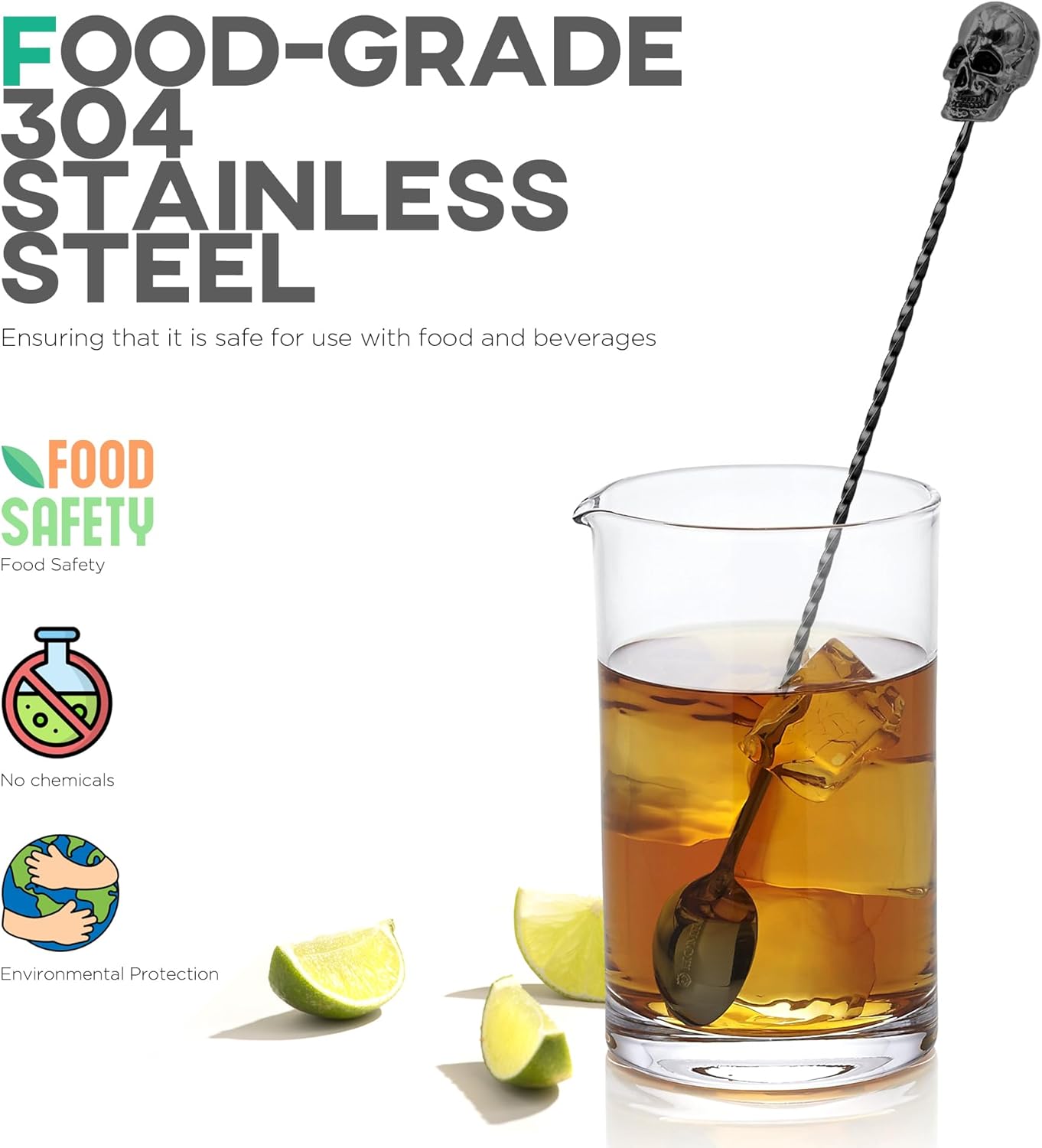 Homestia 12-Inch Skull Bar Spoon, 304 Stainless Steel Cocktail Spoon for Layering Long Spiral Handle Mixing Spoon Stirrers for Drink Black