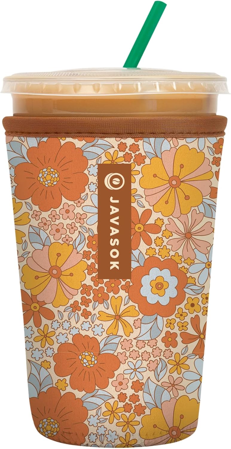 Sok It JavaSok Iced Coffee & Cold Soda Insulated Neoprene Cup Sleeve (Flower Power, Medium: 22-28oz)