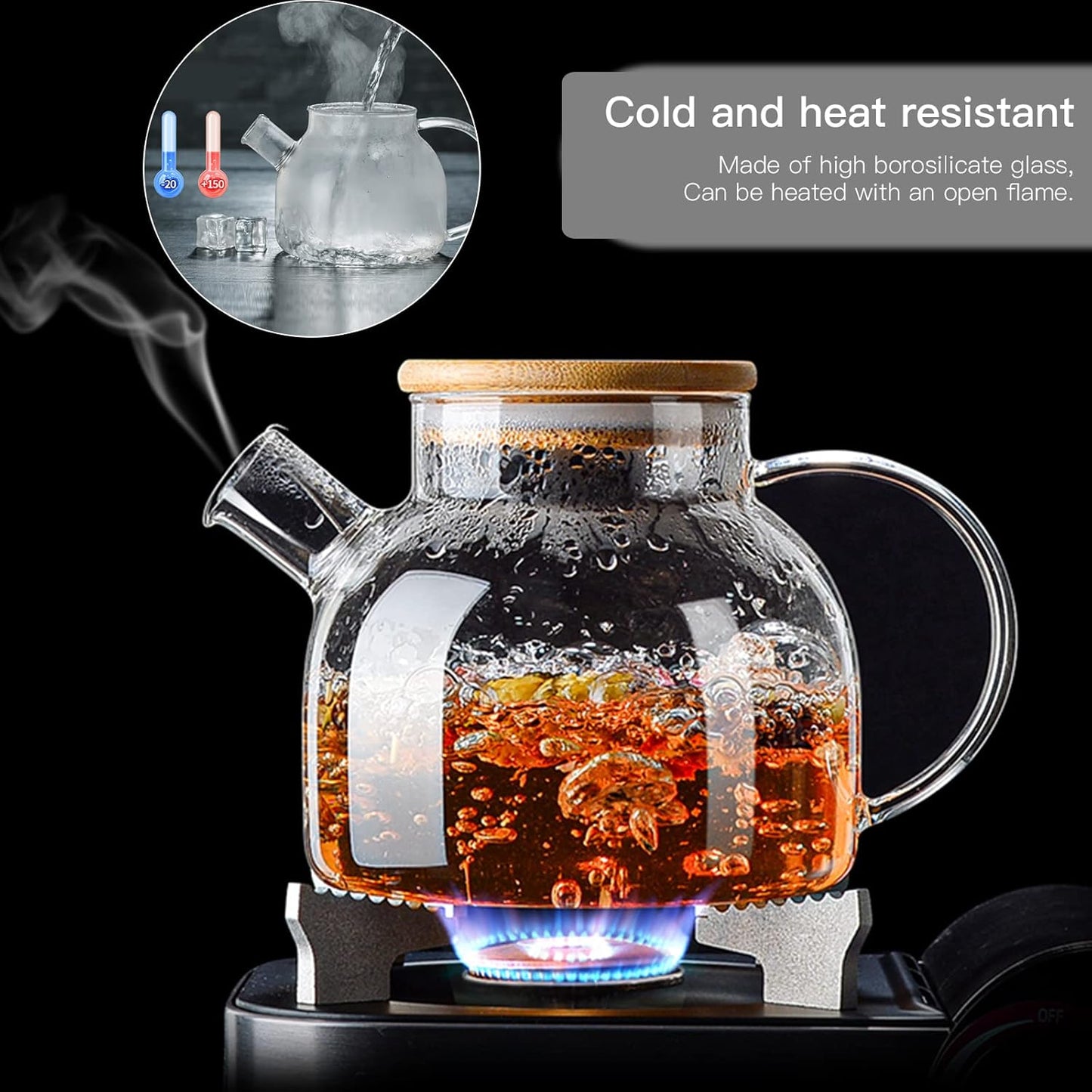 60.8oz Glass Teapot, Stovetop & Microwave Safe Glass Borosilicate Tea Pot,Clear Teapot with Strainer, Glass Tea Kettle with Wooden Lid, Loose Leaf、Fruit Tea and Fragrant Tea