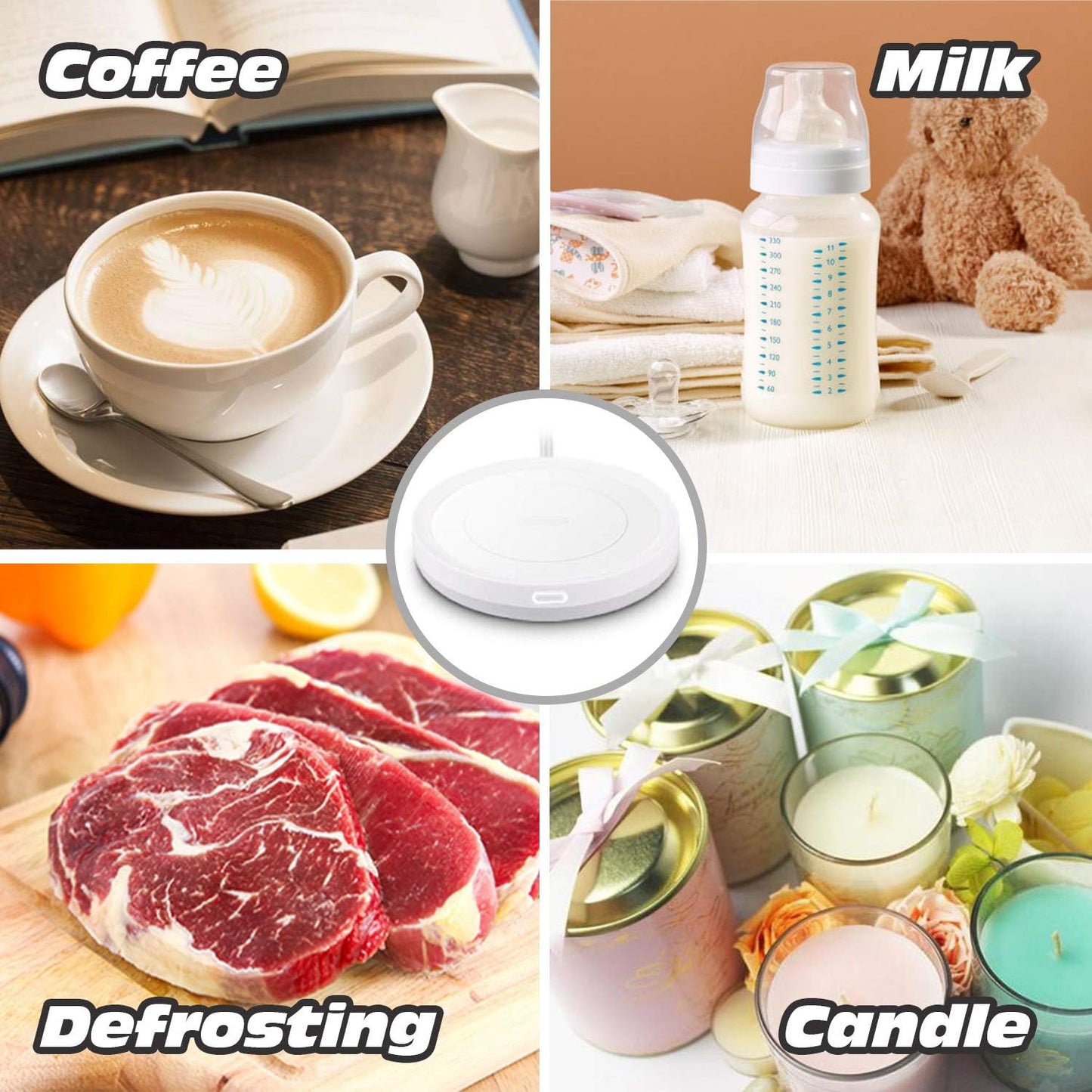 BESTINNKITS Smart Coffee Set Auto On/Off Gravity-Induction Mug Office Desk Use, Candle Wax Cup Warmer Heating Plate (Up to 131F/55C), 14oz (White Set)