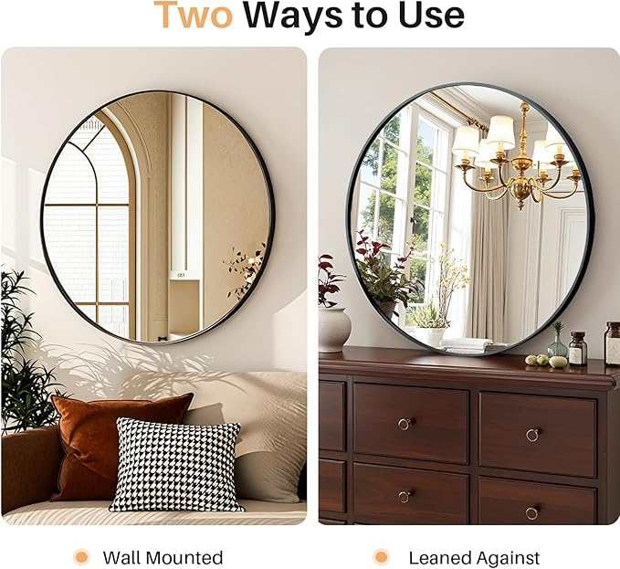 Bathroom Mirror for Wall, 24 Inch Round Mirror, Matte Black Metal Framed Circle - Image 5
