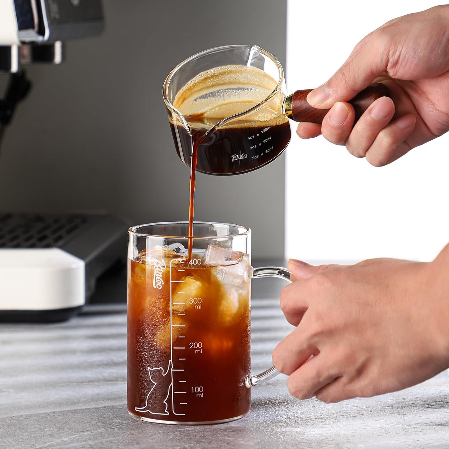 Espresso Shot Glasses with Wood Handle - 120ml Glass Coffee Bean Dosing Cup with Dual Spout,Clear Espresso Measuring Cup Glass for Barista Coffee Measure