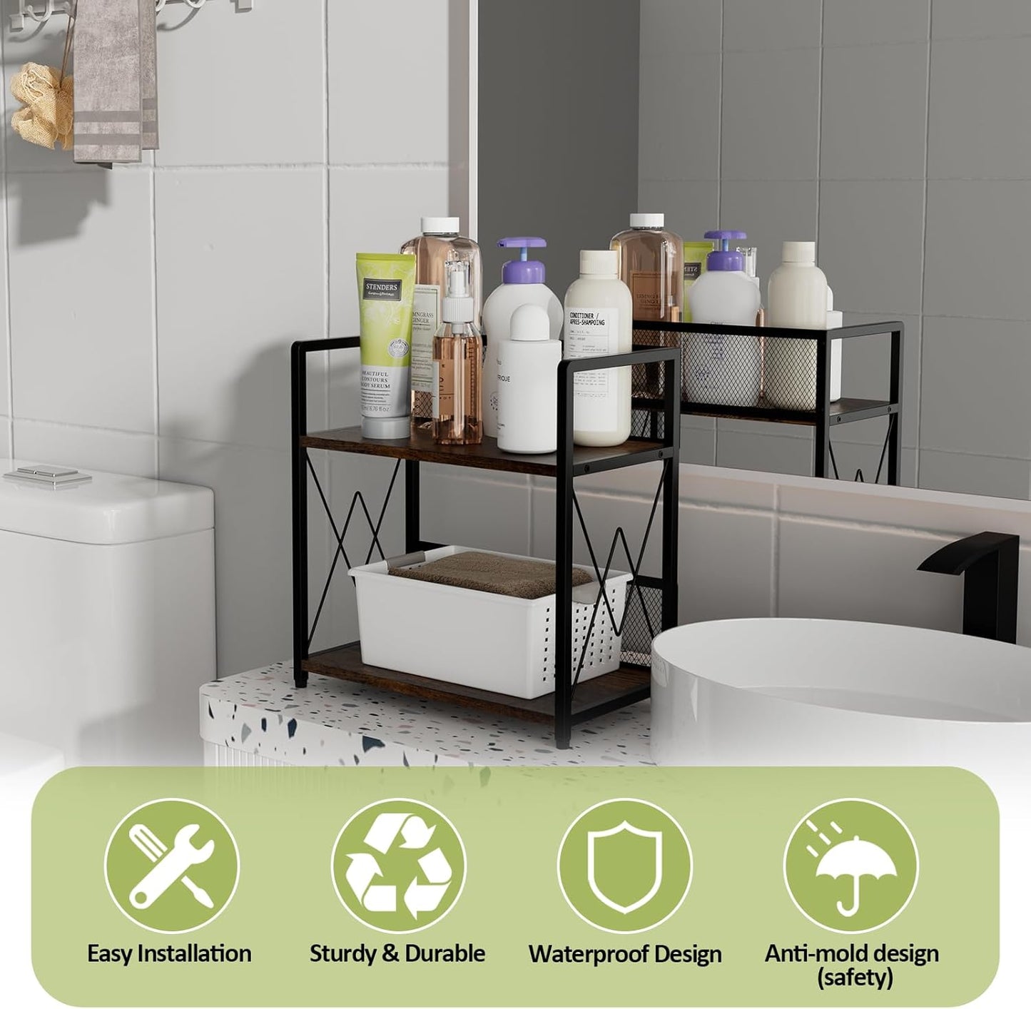 Aduanbang Coffee Bar Accessories Organizer, Seasoning Organizer, 2 Tier Wooden Kitchen Counter Shelf, Coffee Organizer Station for Countertop, Coffee Condiment Rack for Mugs, Cups, Cream, Syrup