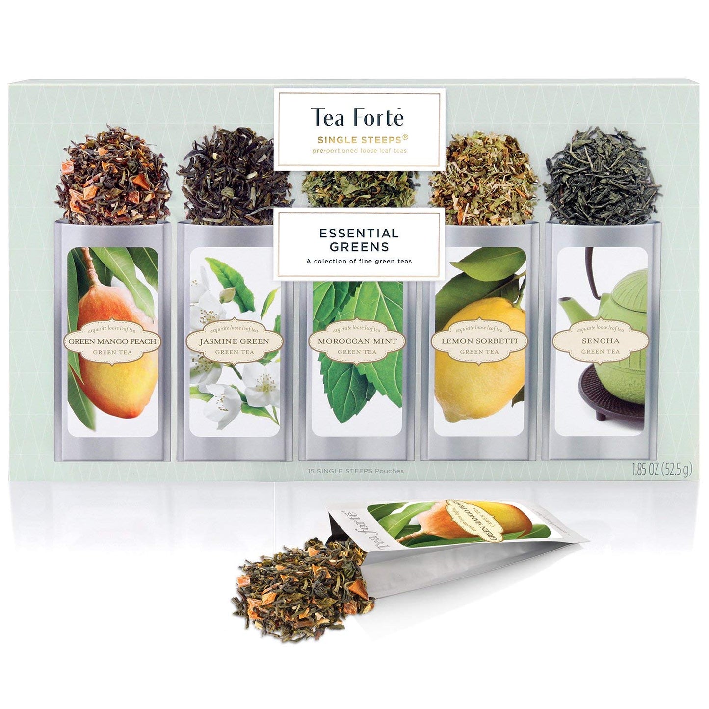 Tea Forte Green Tea Assortment Single Steeps Loose Leaf Premium Tea Gift Set Sampler, 15 Count 3 of Each Assorted Blends, Pre-Portioned Single Serve Pouches, Steeps 12 oz