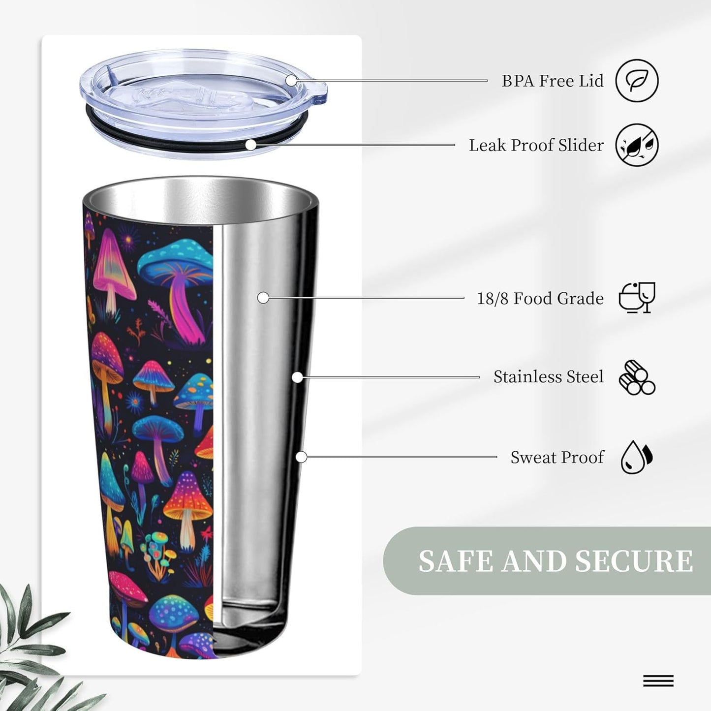 Mushroom Tumbler with Lid and Straw 20oz Coffee Tumblers Leakproof Stainless Steel Travel Mug Vacuum Insulated Cup for Iced and Hot
