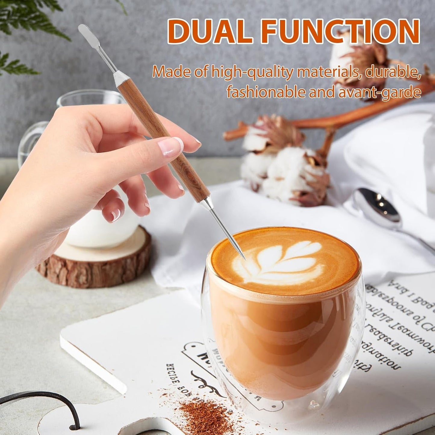 2 Pcs Latte Art Tools, Stainless Steel Coffee Pen with Wood Handle, Double-Ended Design for Precise Latte Cappuccino Macchiato Espresso Art, Suitable for Home and Cafe Barista Use