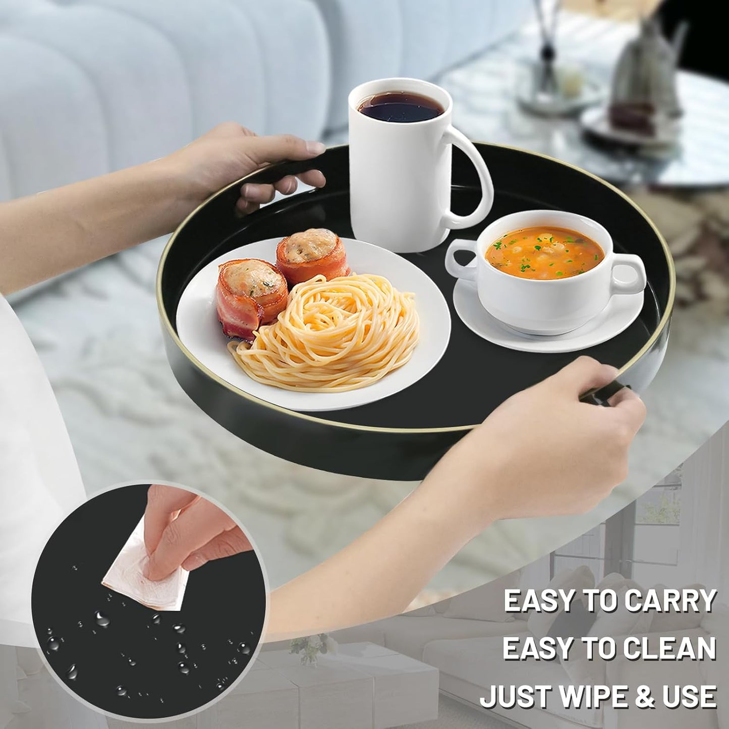 MAONAME Black Decorative Tray for Coffee Table, Modern Round Serving Tray with Handles, 13" Plastic Tea Trays for Ottoman, Bathroom Decor