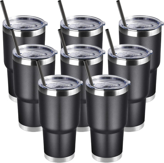 DOMICARE 30oz Tumbler Bulk with Lid and Straw, Double Wall Travel Coffee Mug, Insulated Vacuum Stainless Steel Tumblers, Powder Coated Tumbler Cup (Black, 8)