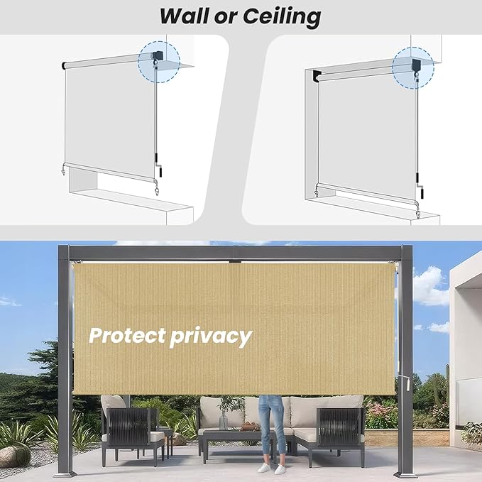 7'W x 6'H Sesame Patio Shades Roll up Outdoor Roller Shade Crank Wand Blind - Image 6