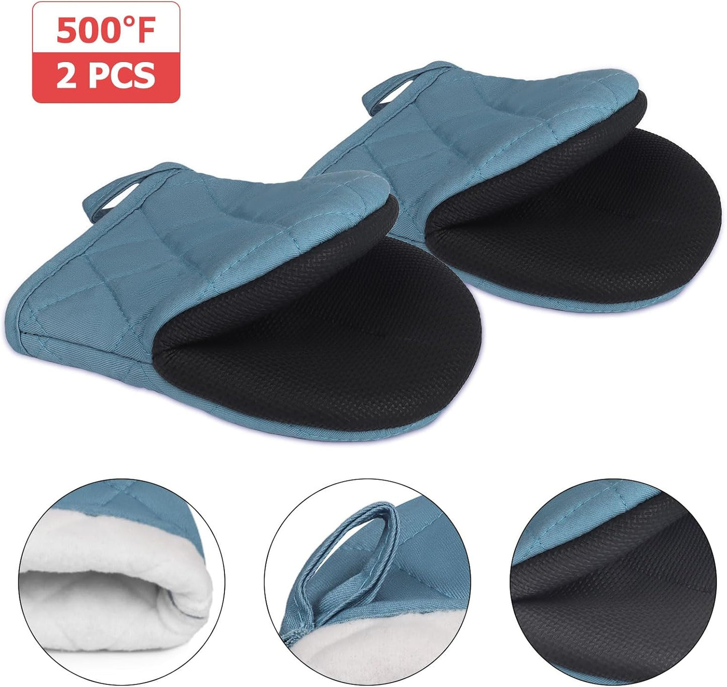 1 Pair Short Oven Mitts, Heat Resistant Silicone Kitchen Mini Oven Mitts for 500 Degrees, Non-Slip Grip Surfaces and Hanging Loop Gloves, Baking Grilling Barbecue Microwave Machine Washable