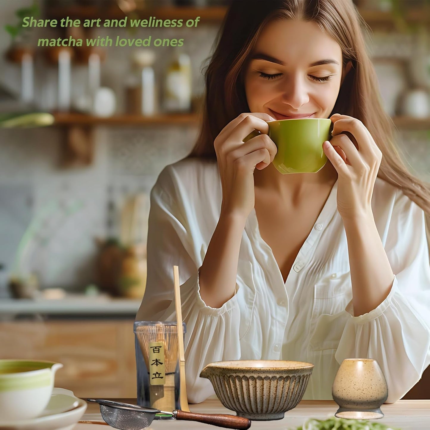 Matcha Set - Match Bowl with Spout and Whisk, 11 OZ, Scoop, Whisk and Holder, Sifter - 5pc Perfect Matcha Kit for Tea Ceremony (Mottled vintage)