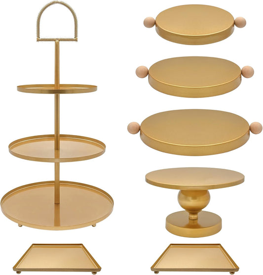 Set of 7 Gold Cake Stands Metal Dessert Display Holder Round 3 Tier Cupcake Stand Serving Tray Platter Cake Pedestal Stand for Party Weddings Birthday Baby Showers Anniversary