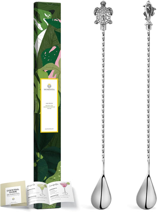 Homestia Bar Spoon, 12'' Stainless Steel Cocktail Mixing Spoon, Cocktail Mixing Stirrers for Drink, Tea, Coffee, Milkshakes, Long Handle Spiral Design with Weighted Turtle Fish End (Set of 2)