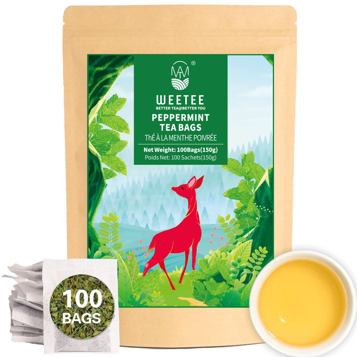 WT WEETEE Peppermint Tea Bags, Made with 100% Pure Peppermint, Fresh Minty Flavour Herbal Tea, Naturally Caffeine Free, 100 Count