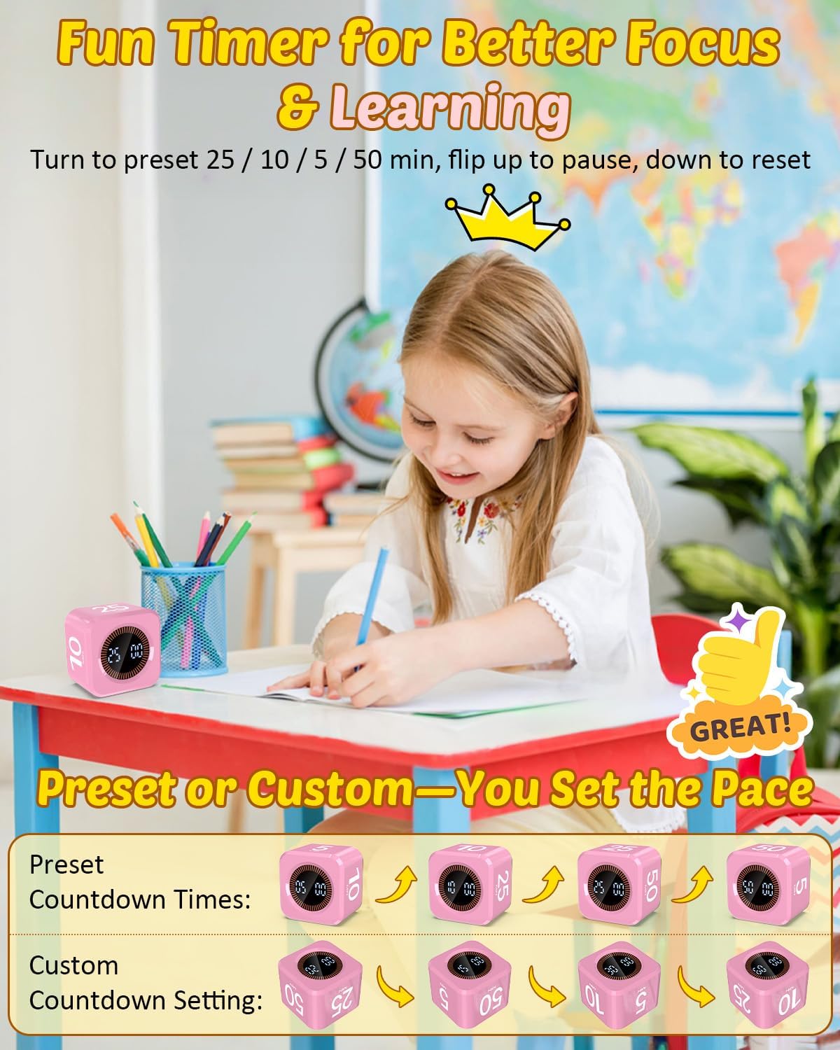 Pomodoro Timer Cube Visual Productivity Flip Timer for Kids Classroom Desk, 5/10/25/50min& Custom Countdown, Silent&Sound Mode Digital Cube for ADHD Study Work School Game Kitchen (Pink)