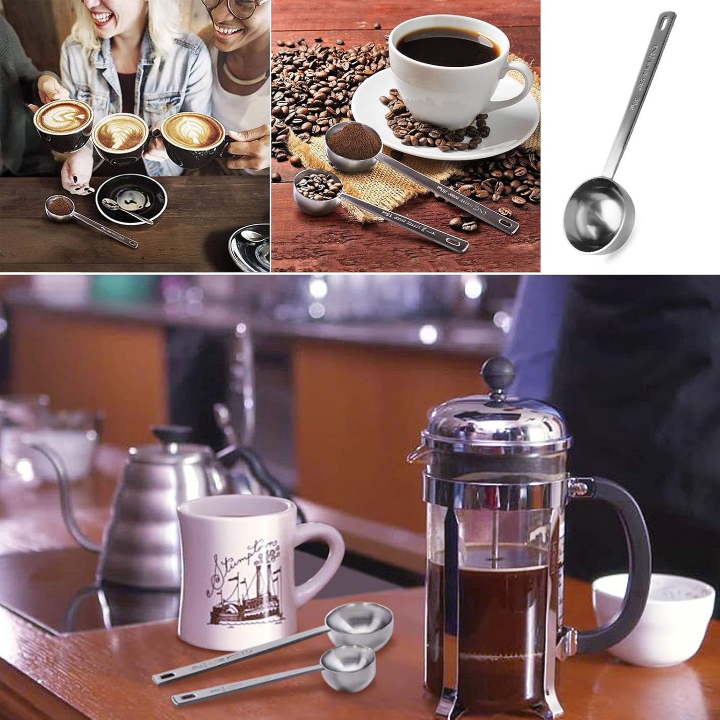2 Pack Coffee Scoop, Tablespoon measure spoon contains 1 tablespoon (15ml) and 2 tablespoons (30ml), Stainless steel long handle coffee spoon silver