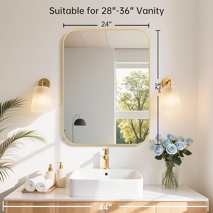 24x32 Inch Gold Bathroom Mirror, Brushed Gold Metal Framed Rectangular Mirror - Image 7
