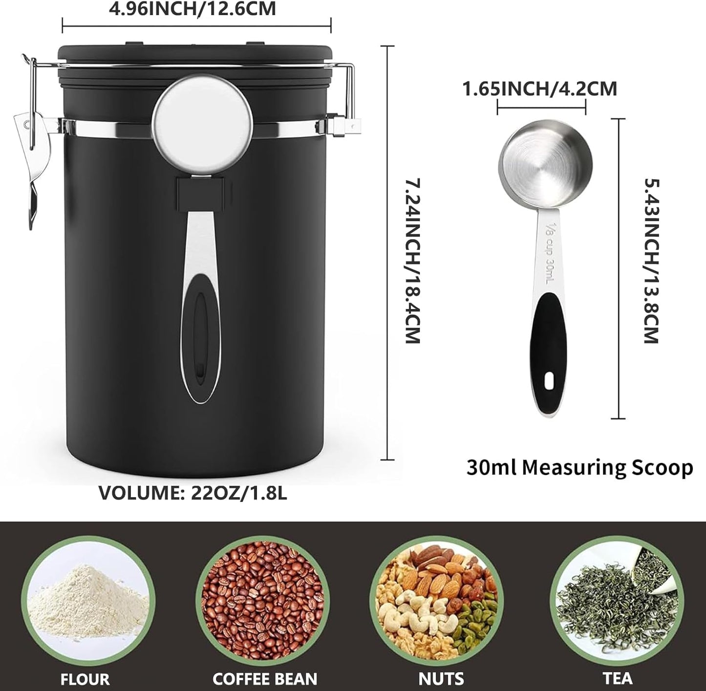 Coffee Canister with Window, 22OZ Airtight 304 Stainless Steel Food Storage Container, Home Kitchen Sugar Organizers Jar with Scoop for Beans, Rice,Tea, Flour, Cereal, Black