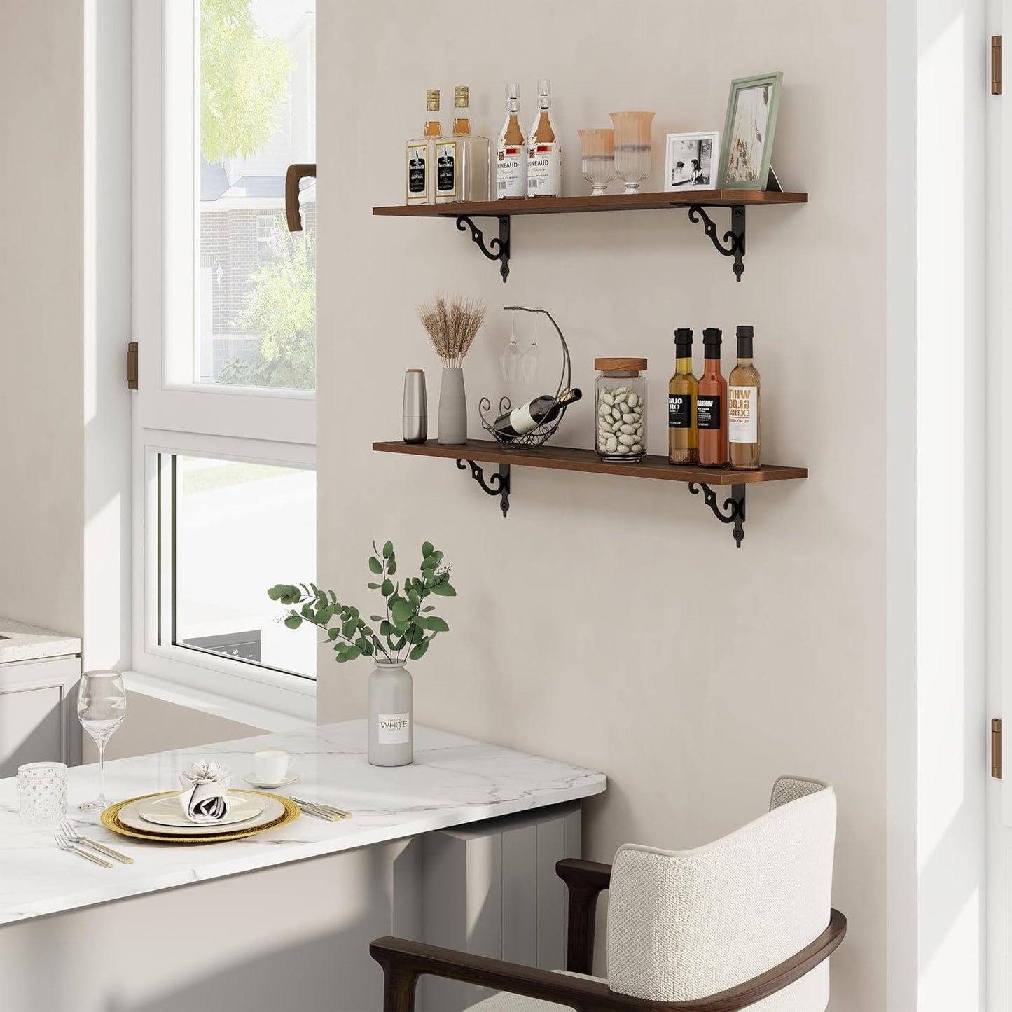 RICHFOCUS Floating Shelves for Wall Decor, 35.4W x 8D Wall Shelves Set of 2, 8 Inch Deep Rustic Wood Shelves Wall Mounted with Brackets, Long Floating Shelves for Living Room Bedroom Kitchen, Walnut