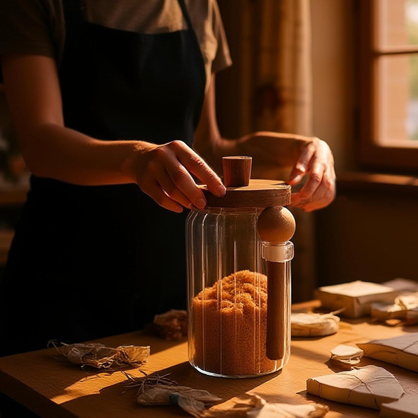Glass Food Storage Jars with Handles Wood Lid and Spoon, 25 oz Glass Kitchen Canisters for Coffee, Tea, Cereal, Spice and Canning, Mason Jars, Cute Jar