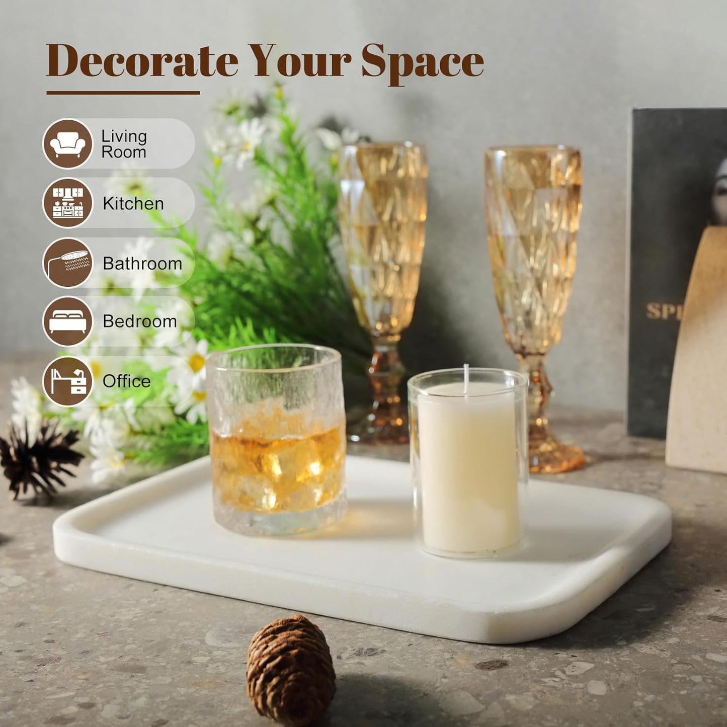 Koville Marble Tray, 12"x8" Marble Vanity Tray for Bathroom Kitchen Countertop, Rectangular Stone Tray for Cosmetics Perfume Trinket, Decorative Catchall Trays (White)