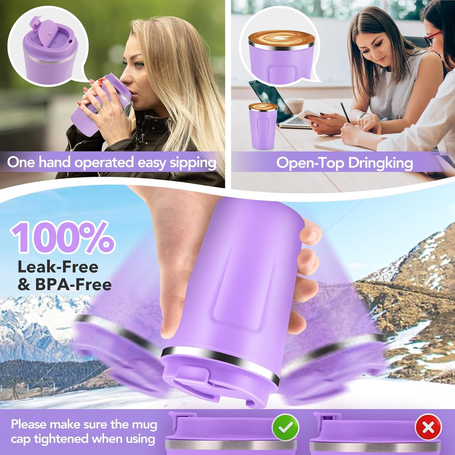 Volhoply 12 oz Double Wall Insulated Vacuum Travel Coffee Mugs with Flip Lid Bulk 2 Pack,Reusable Stainless Steel Leak Proof Coffee Cup,Portable Cafe Thermal Tumbler for Hot&Cold Drinks(Purple,2 Set)