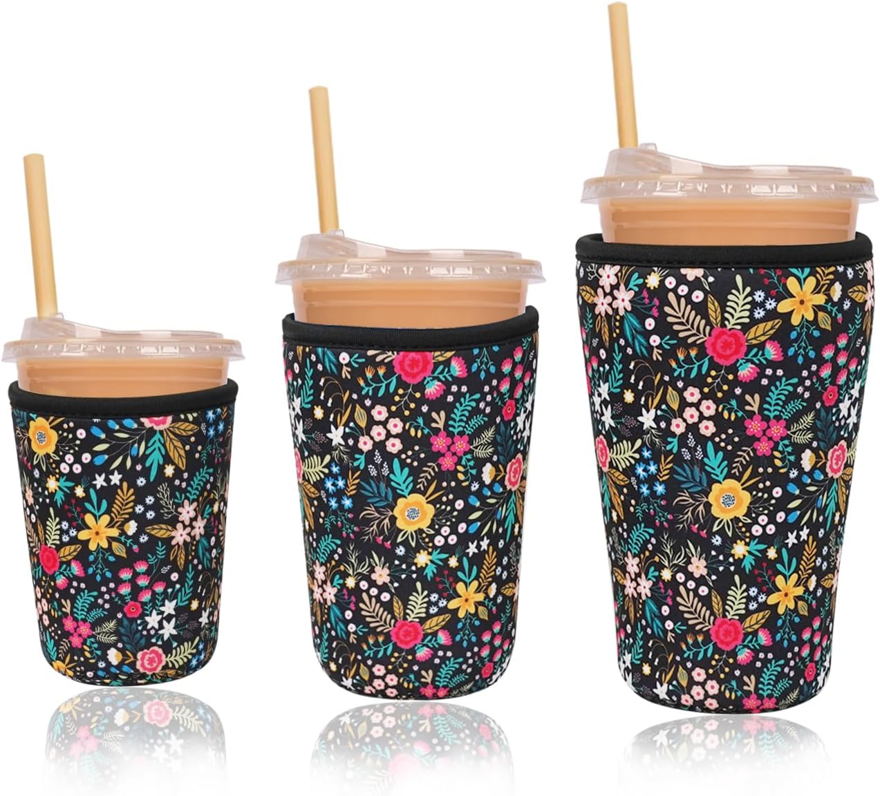 Reusable Insulated Neoprene Iced Coffee Cup Sleeve, Durable Drink Sleeve for Cold Beverages, Beverage Holder for Iced Coffee, Lush Blossom